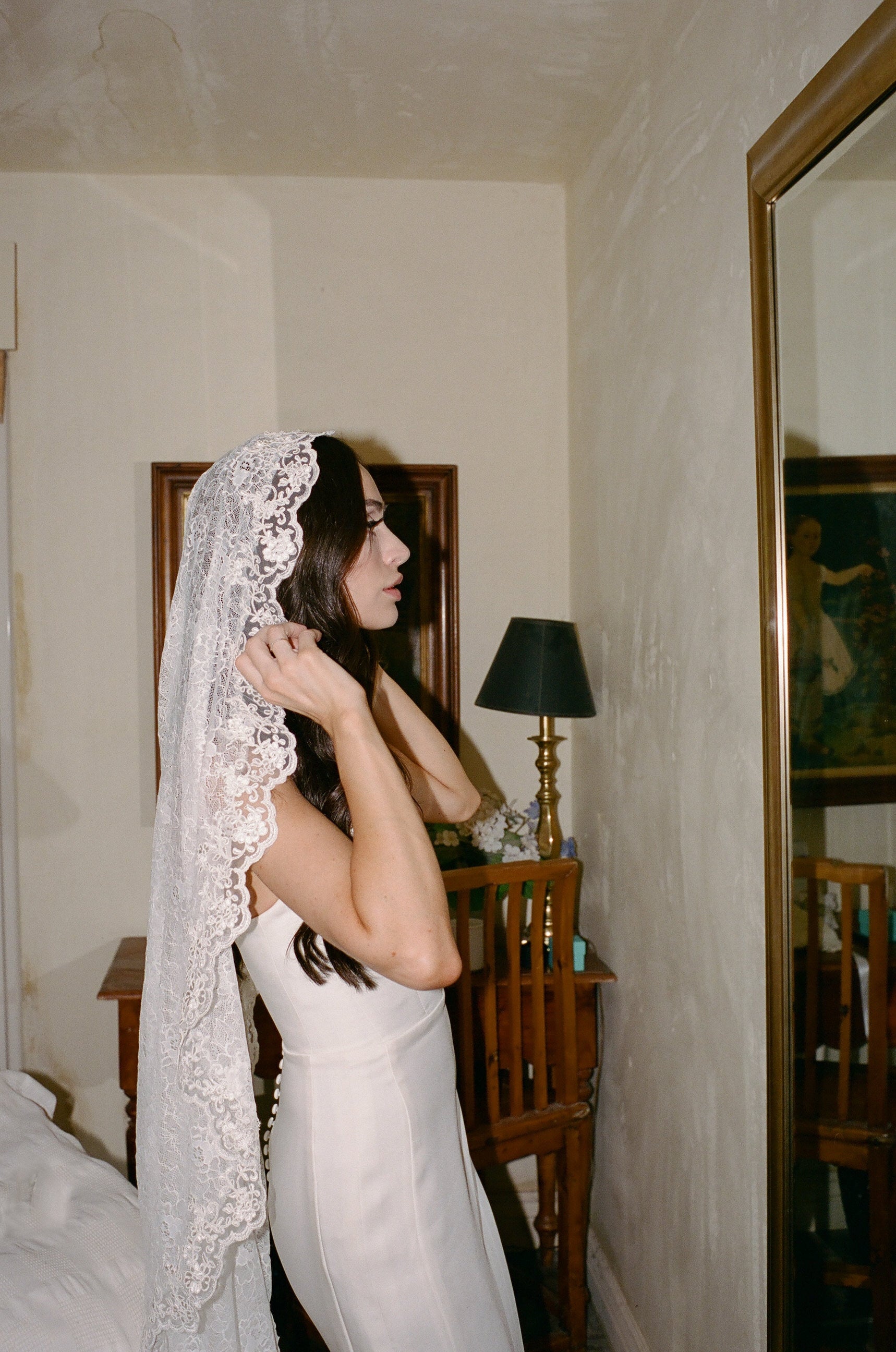 Fingertip Length Mantilla Wedding Veil with Beaded Lace Trim