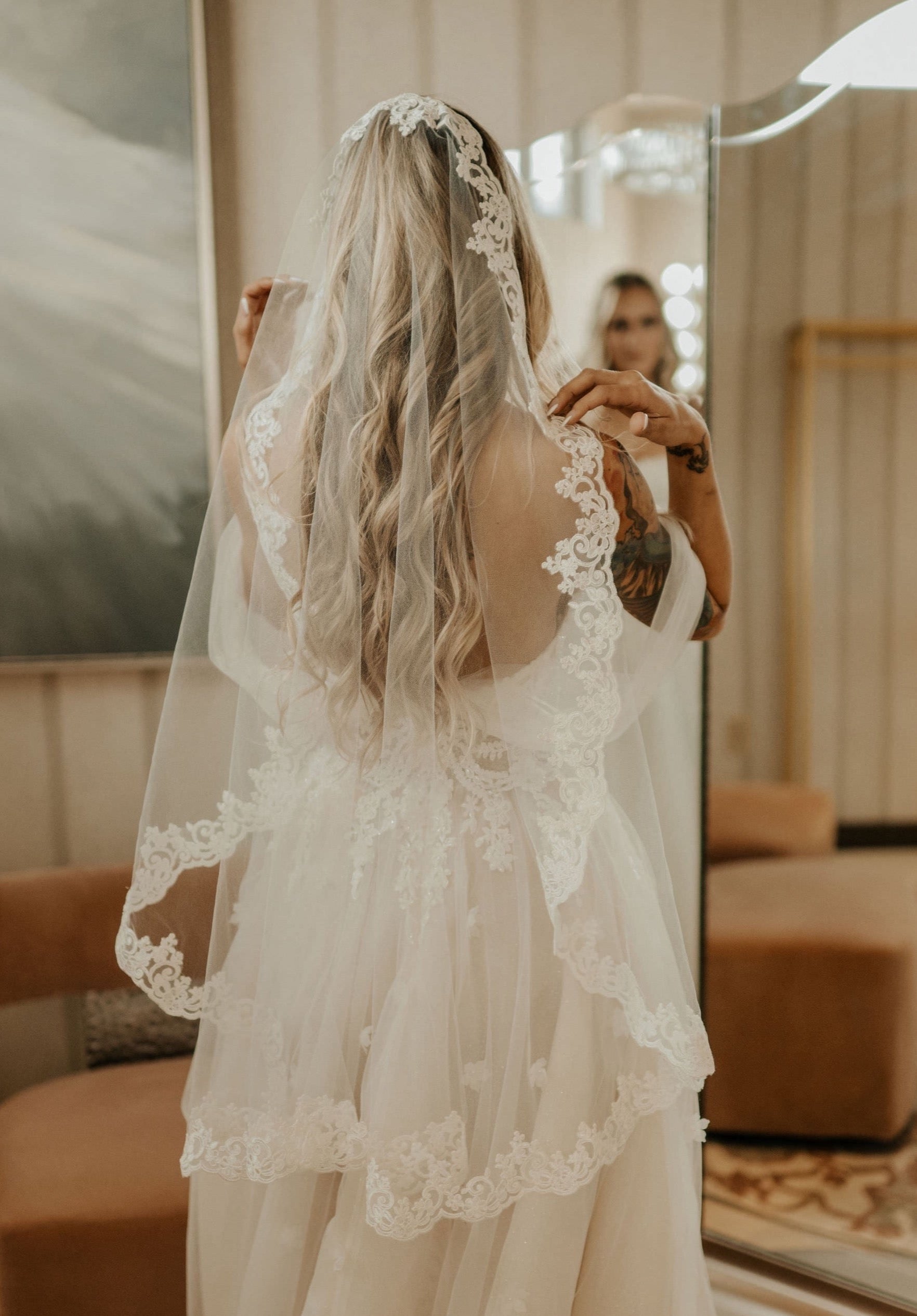 Fingertip Length Mantilla Wedding Veil with Beaded Lace Trim