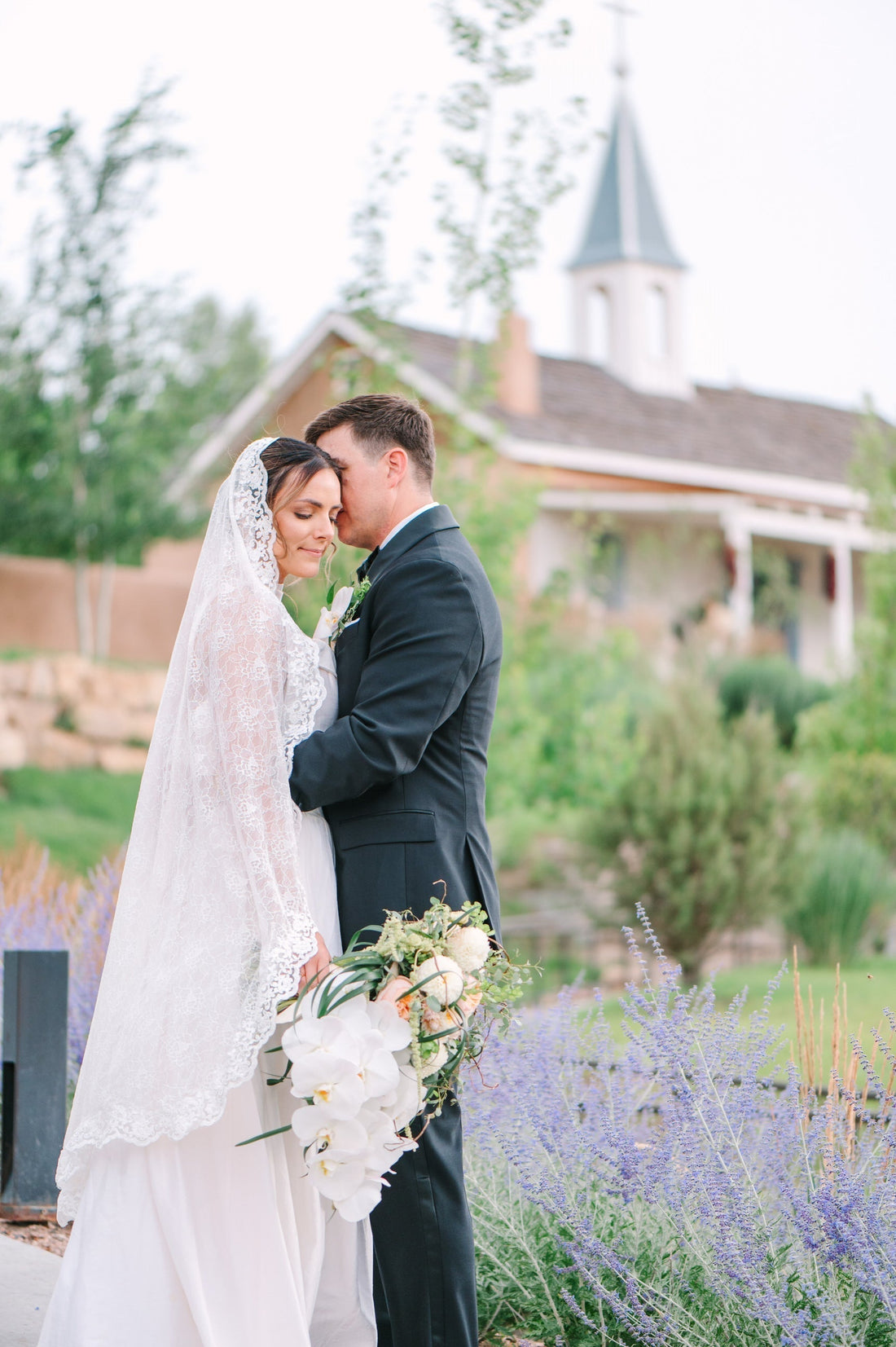 lace knee length mantilla wedding veil in lavender fields