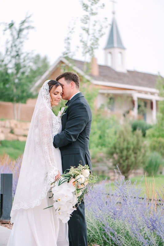 lace knee length mantilla wedding veil in lavender fields