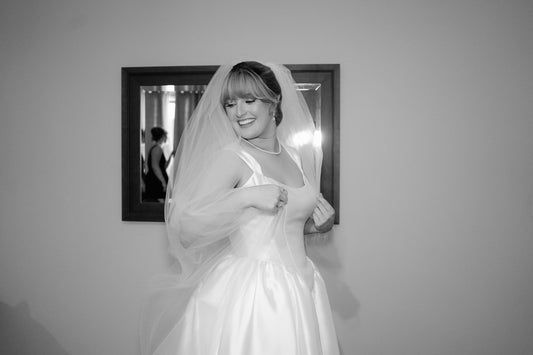 Modern Basque Waist Satin Ballgown Wedding Dress with Square Neckline and long tulle wedding veil
