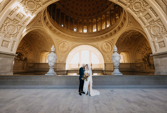 San Francisco city hall wedding with bride in mantilla lace bridal veil fingertip length