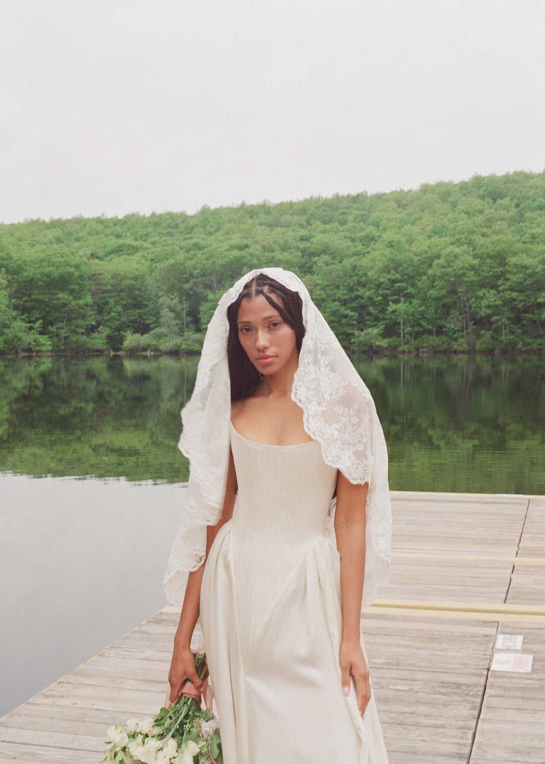 wildflower vintage wedding veil with Basque waist gown