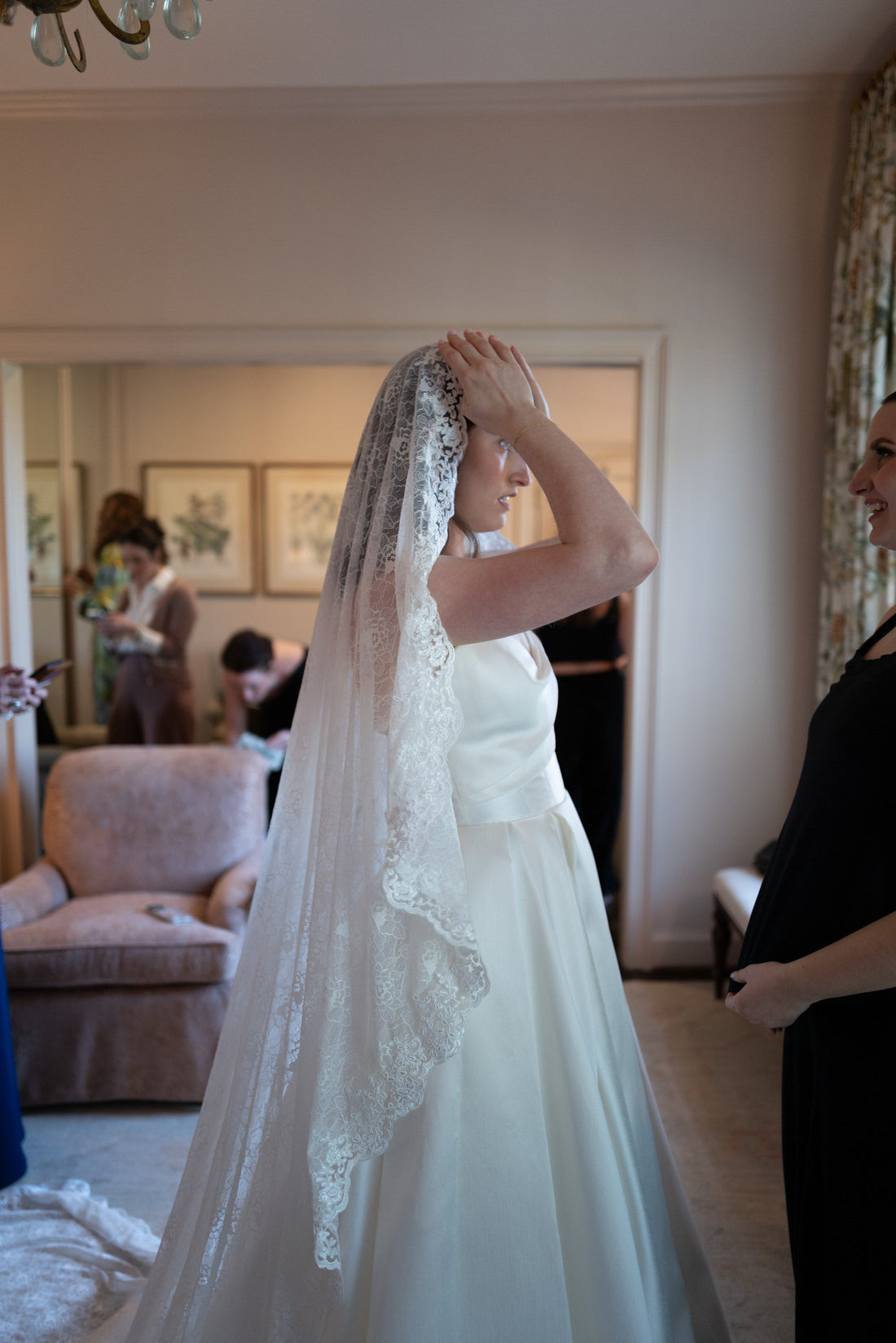 lace bridal veil on bride in A line wedding dress