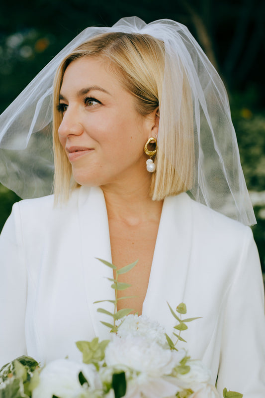 short sophisticated chin length bob with birdcage blusher wedding veil