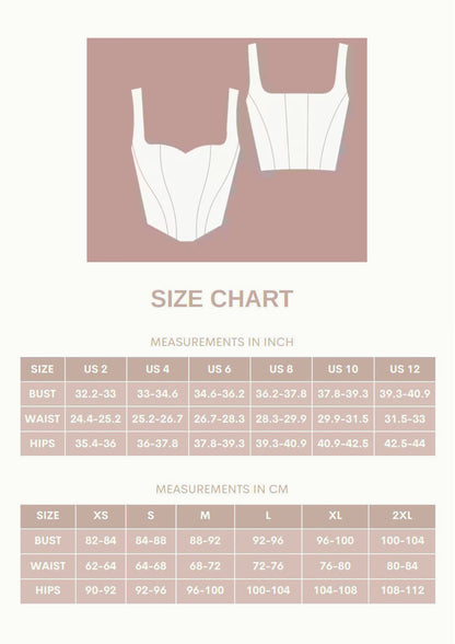 size chart for diy bridal corset bustier with sweetheart neckline