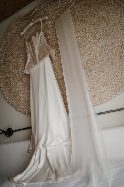 luxurious handmade bridal bustier with boning and silk skirt and chiffon scarf