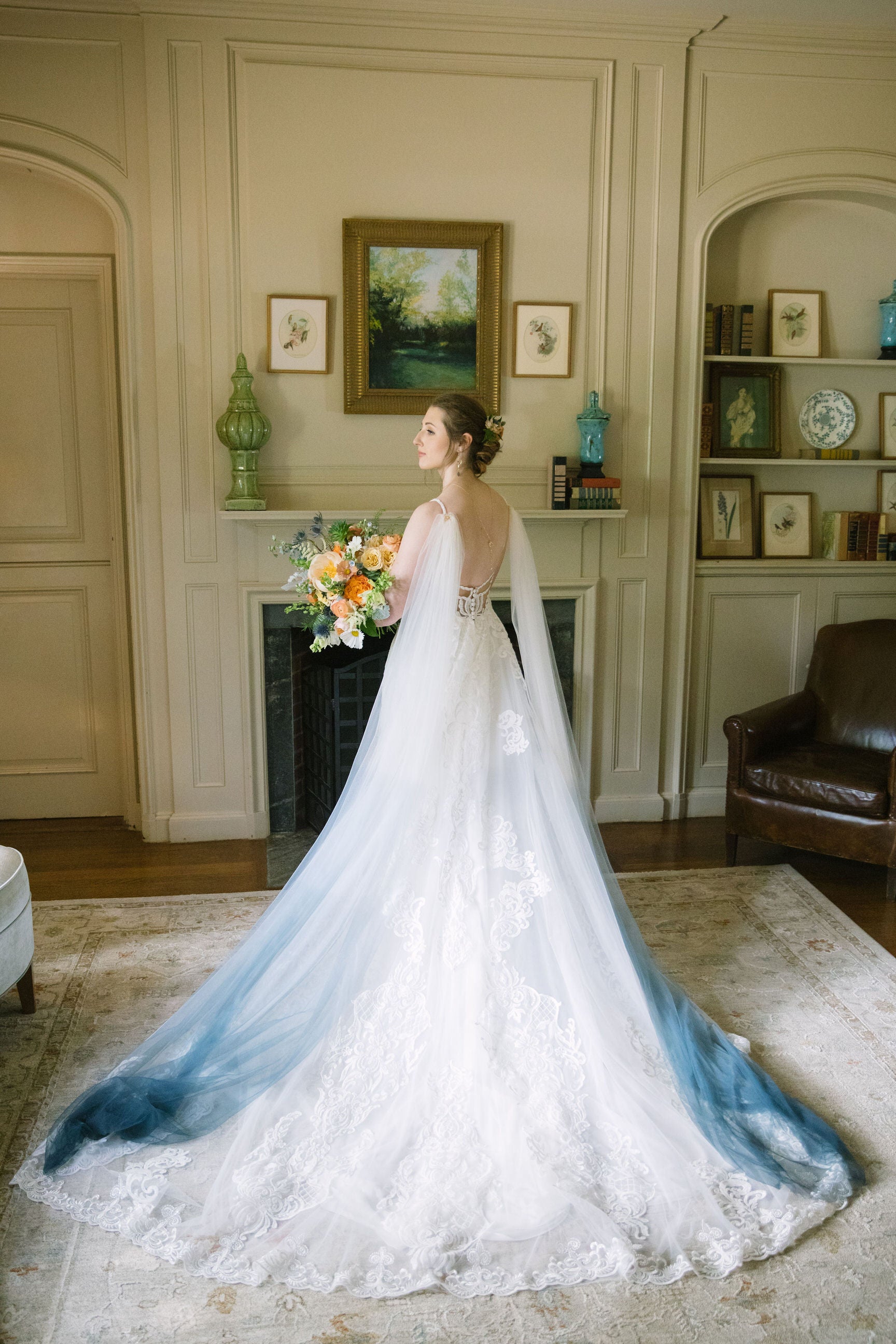 Ombre Navy Blue Draped Wedding Cape, Grecian Wrap One Blushing Bride Custom Wedding Veils Ombre Navy Blue Draped Wedding Cape, Grecian Wrap One Blushing Bride Custom Wedding Veils