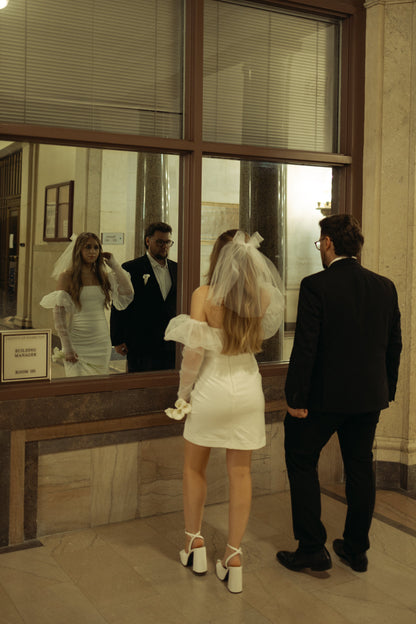 cute casual bridal outfit with horsehair hair bow with tails and removable wedding sleeves