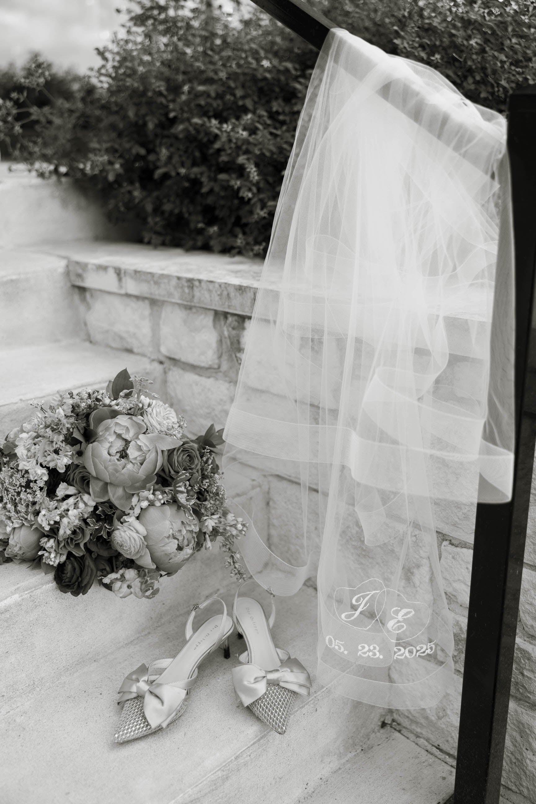 customize your wedding veil embroidery with your initials and wedding date for bridal pics
