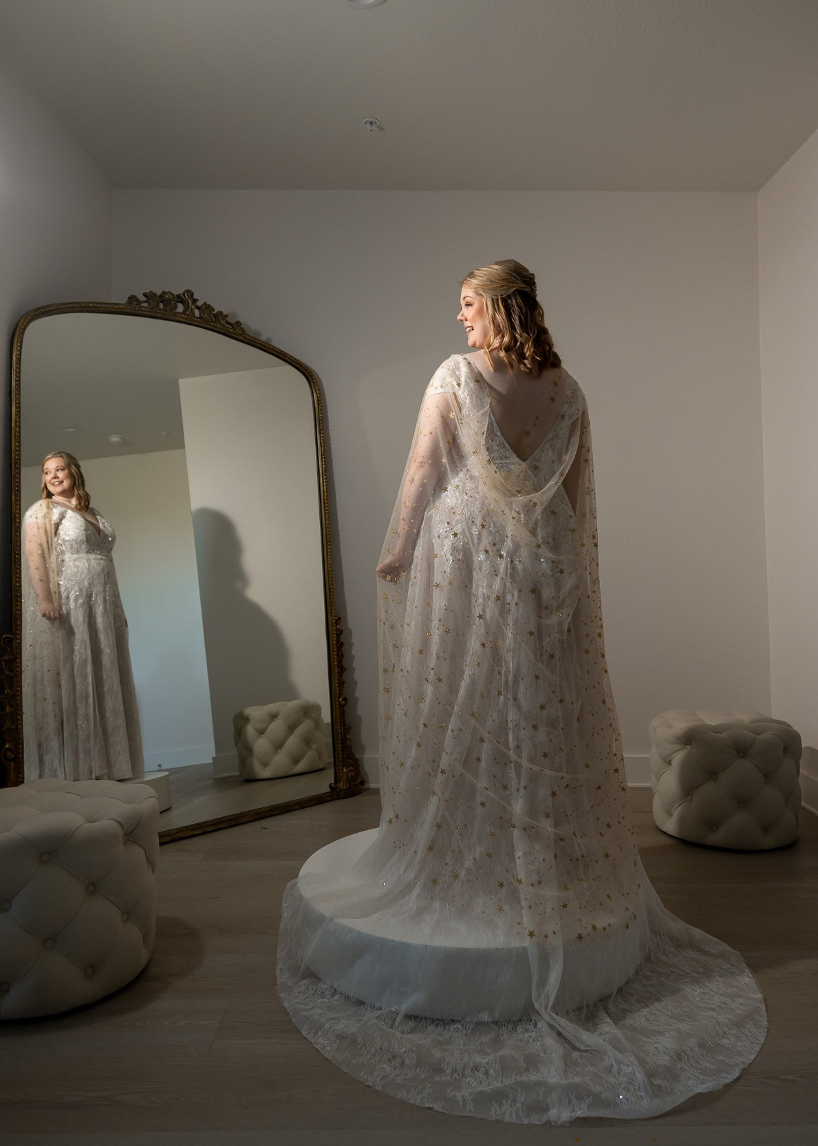 Celestial Sparkly Gold Star Draped Wedding Cape, Sheer Long Wrap One Blushing Bride Custom Wedding Veils Celestial Sparkly Gold Star Draped Wedding Cape, Sheer Long Wrap One Blushing Bride Custom Wedding Veils