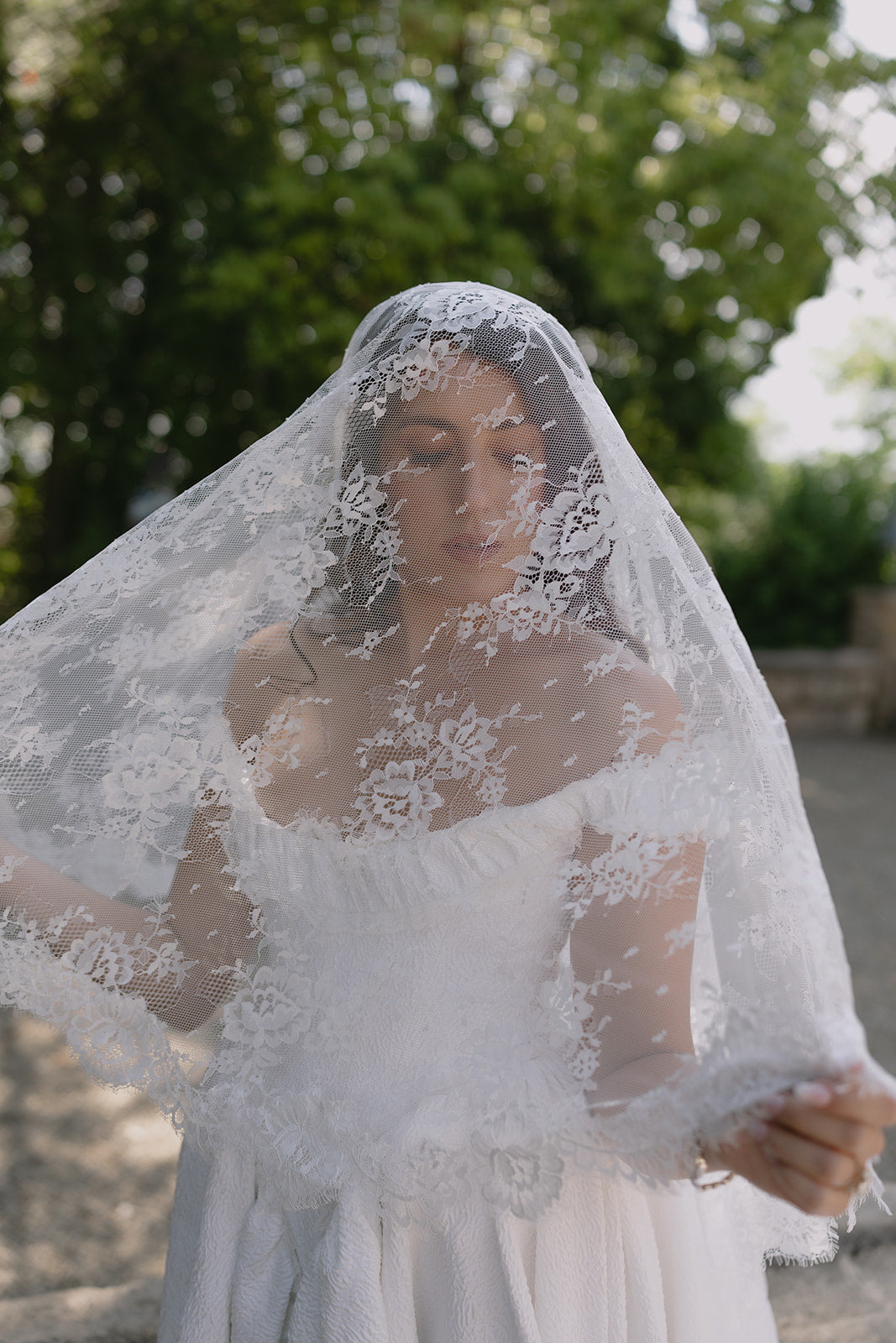 long lace bridal veil with blusher and floral details