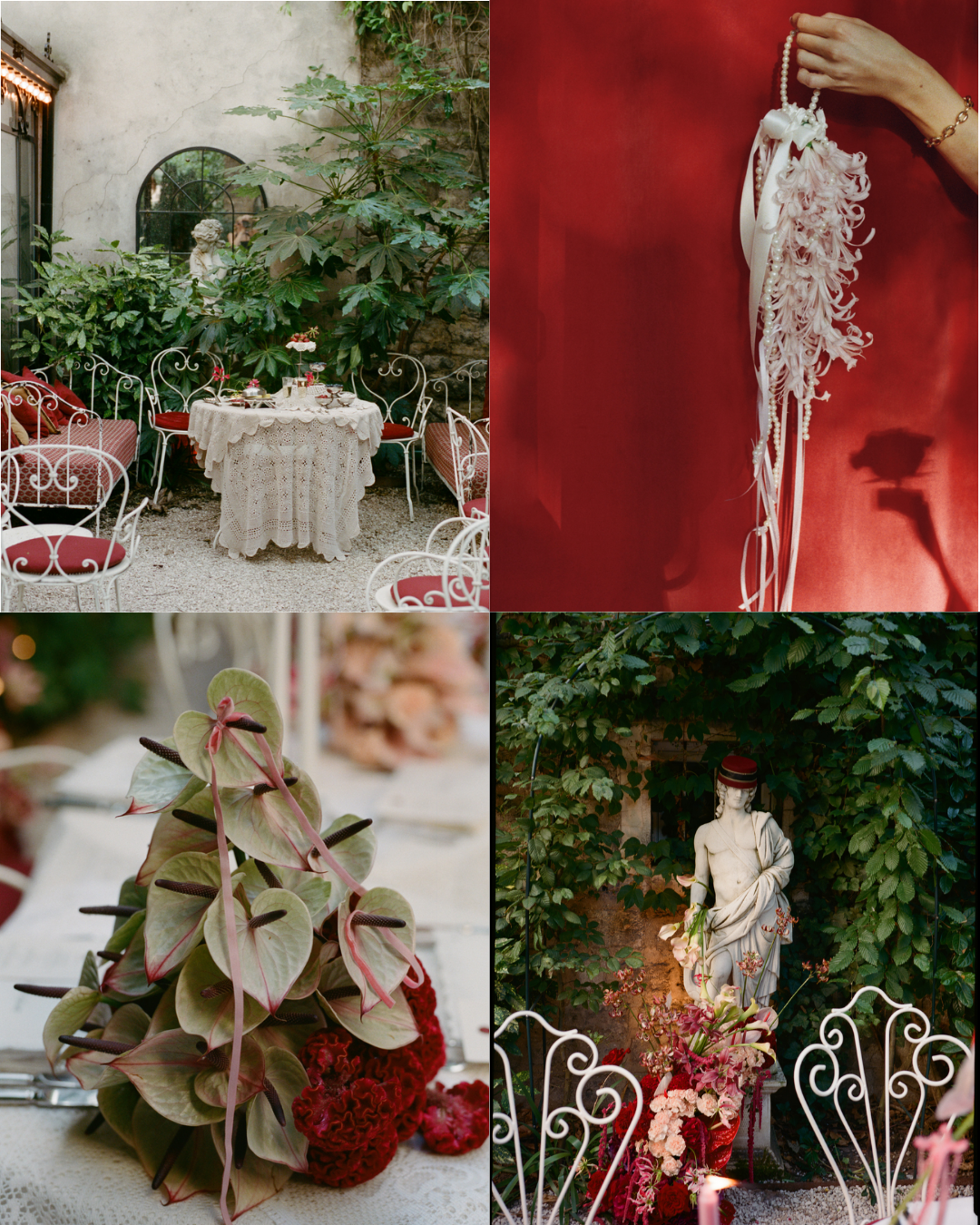 Collage of decorative wedding elements including a lace table setting, red floral arrangement, and statue in France
