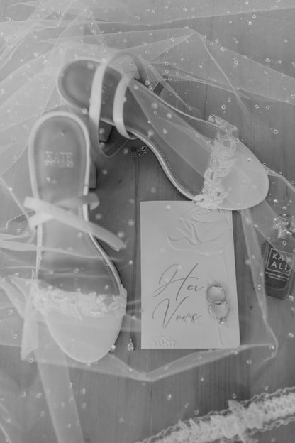 vow book and lace bridal pumps with beaded resin dew drop veil