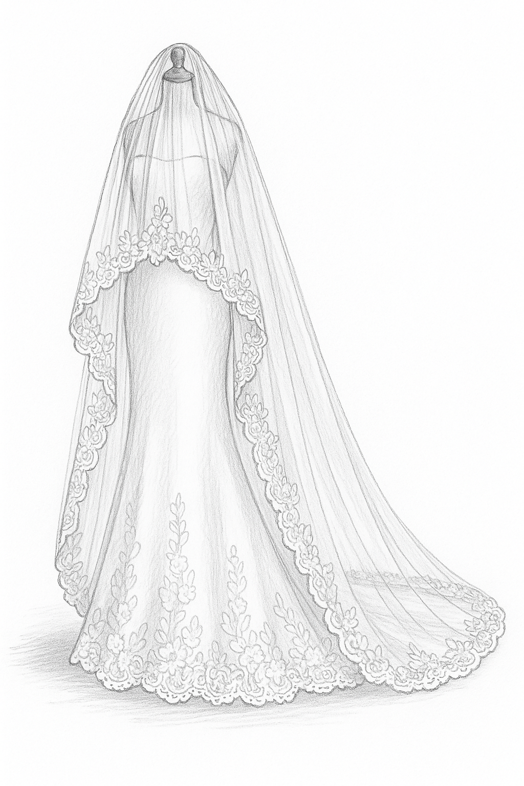 sketch of lace drop cathedral wedding veil with blusher to make and sew with diy kit
