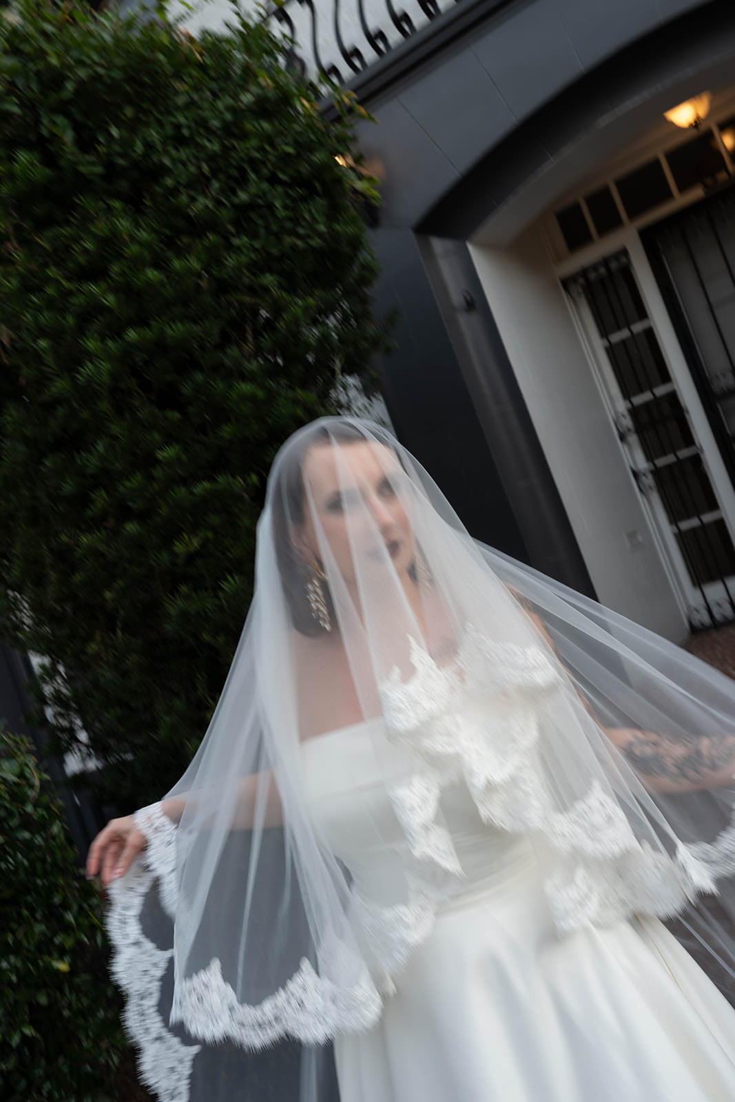 drop lace blusher wedding veil with lace for glam bride