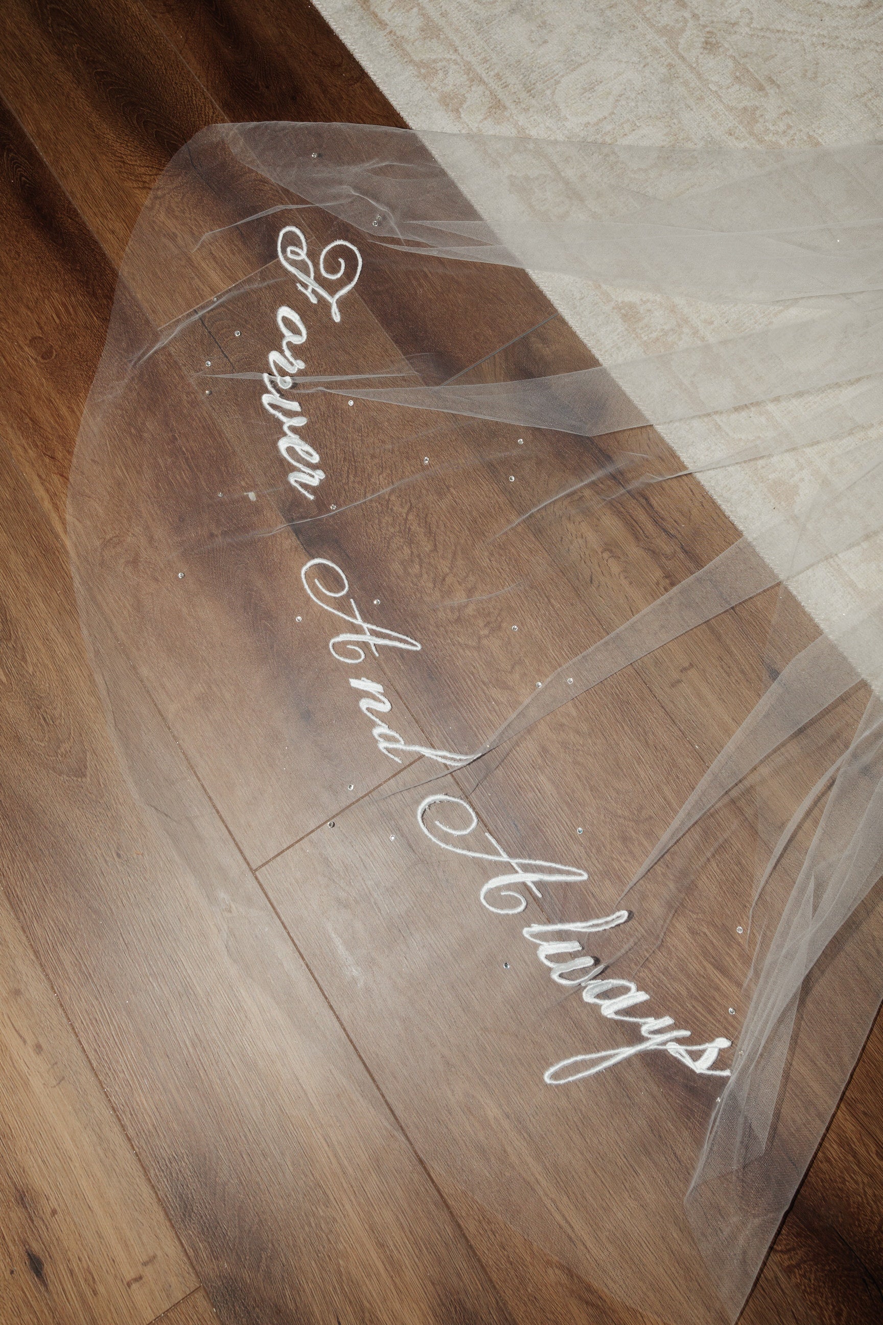 forever and always wedding veil embroidery with scattered rhinestones