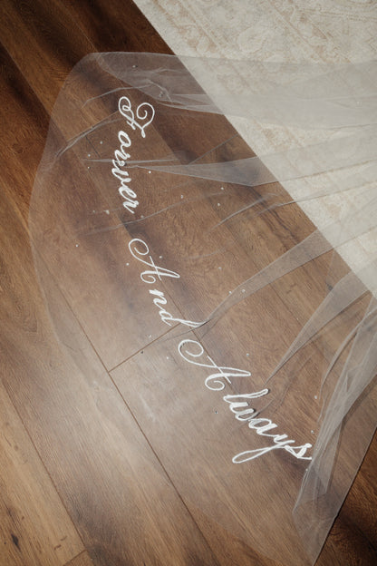forever and always wedding veil embroidery with scattered rhinestones