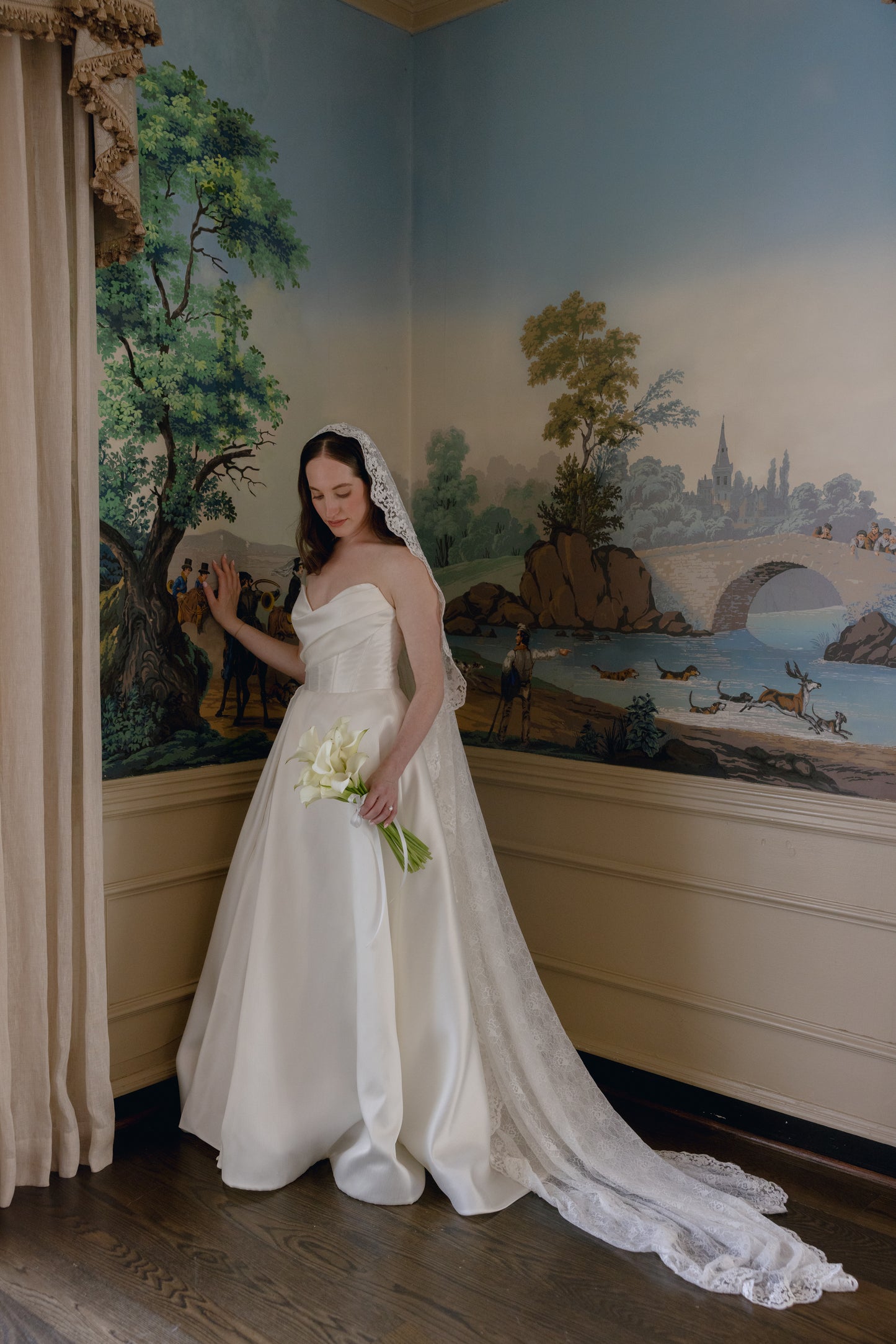 Romantic Floral Lace Mantilla Wedding Veil, Fingertip Length in Light Ivory