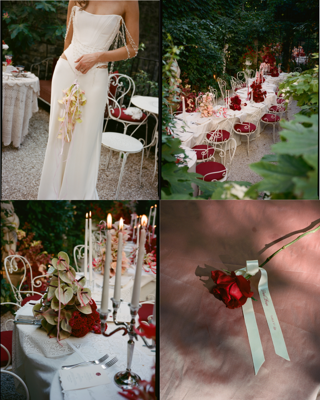 Collage of wedding outfit and reception decorations including a bride in a white corset bespoke bridal gown, white and red tables set for a reception in garden , and red rose  floral arrangements.