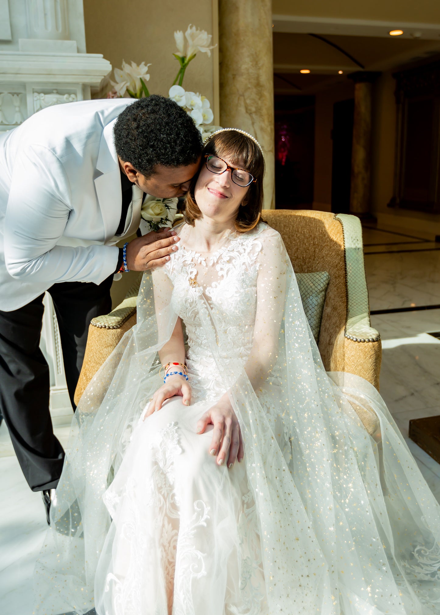 gold and ivory sheer bridal cloak on celestial inspired bride