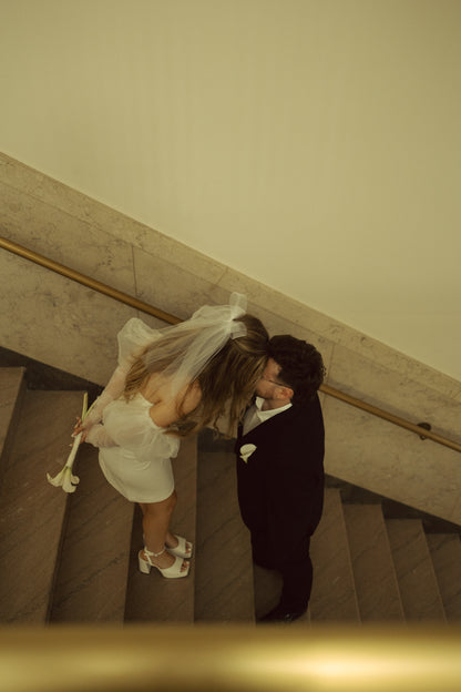 playful horsehair bow hair clip with short veil in ivory for off shoulder sleeve mini wedding dress