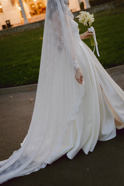 Romantic Floral Lace Mantilla Wedding Veil, Fingertip Length in Light Ivory