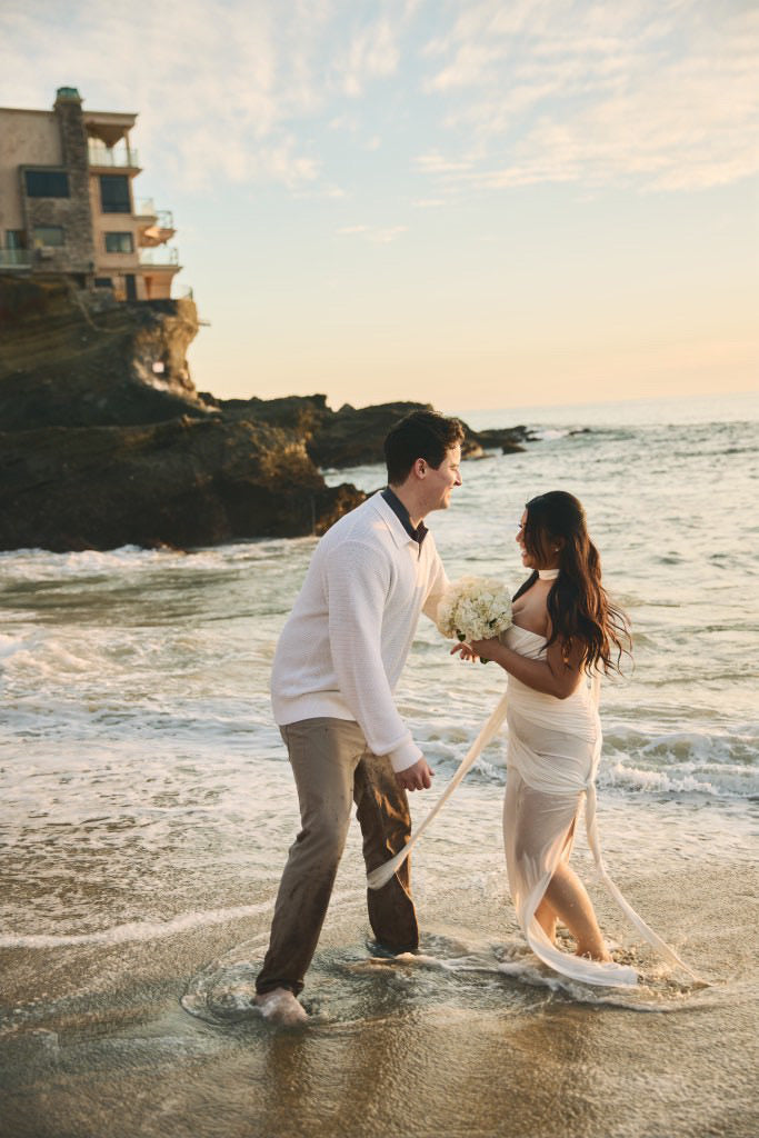 beach wedding photo shoot with bride in strappy goddess gown and narrow silk neck scarf