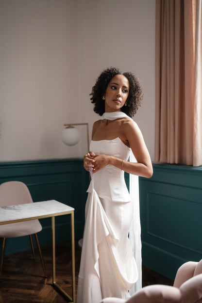 UK bride getting ready wearing long draped silk satin 16mm mulberry scarf