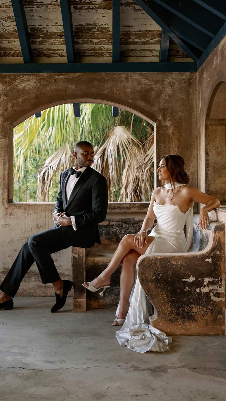 modern strapless gown and silk satin long bridal scarf for destination resort wedding