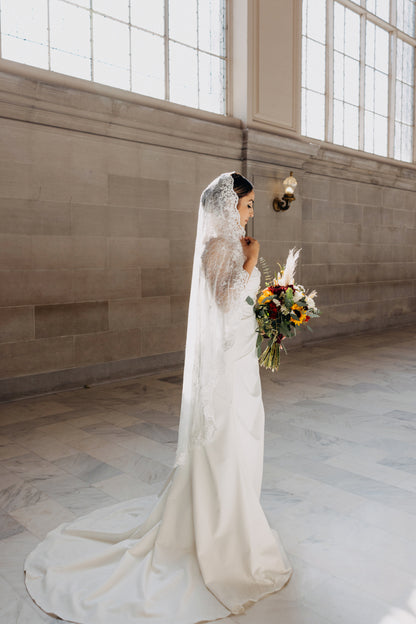 Romantic Floral Lace Mantilla Wedding Veil, Fingertip Length in Light Ivory