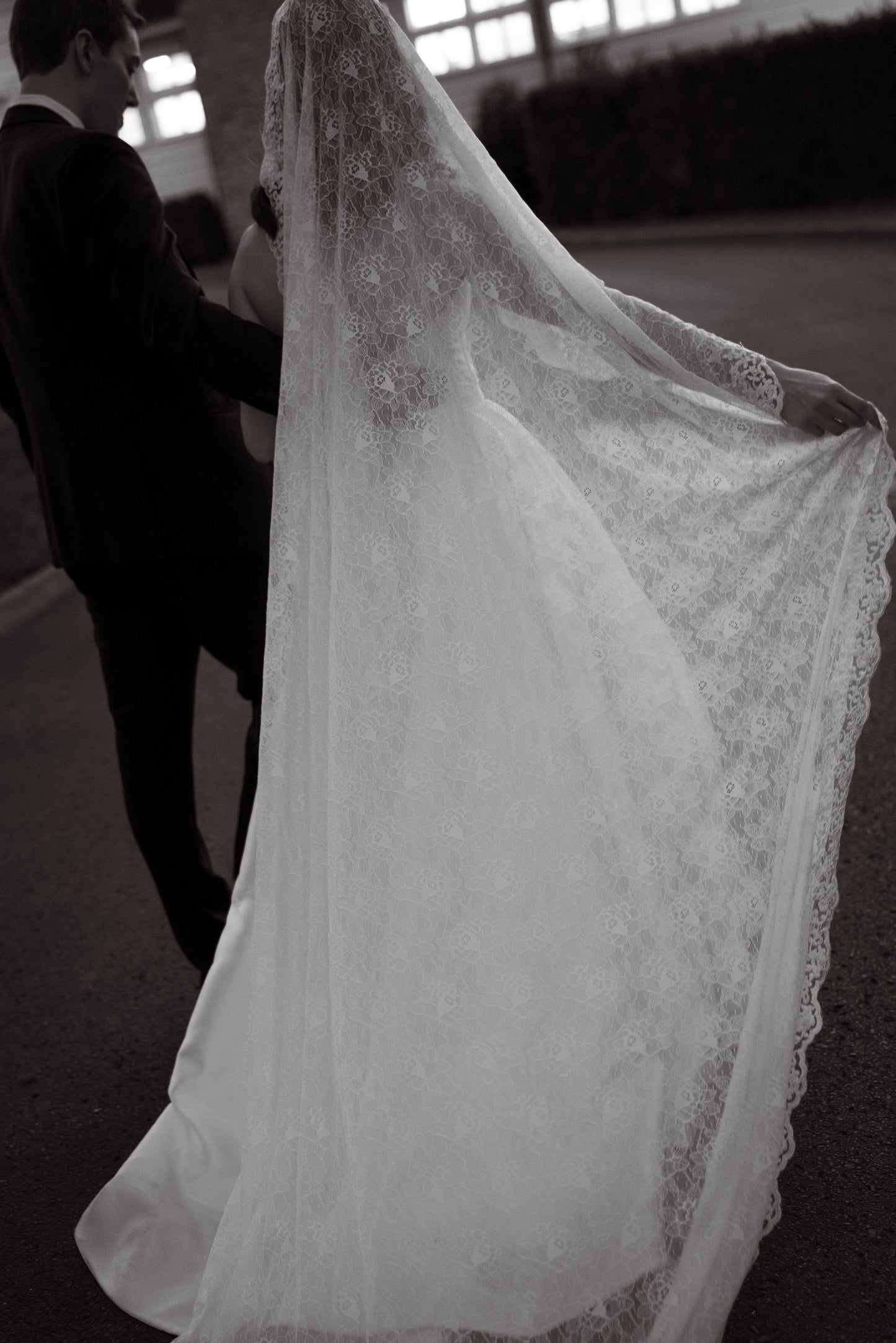 Romantic Floral Lace Mantilla Wedding Veil, Fingertip Length in Light Ivory