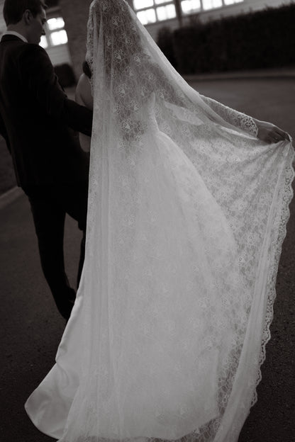 Romantic Floral Lace Mantilla Wedding Veil, Fingertip Length in Light Ivory