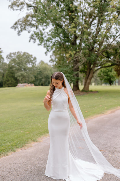 pretty estate wedding with halter dress and long simple veil 