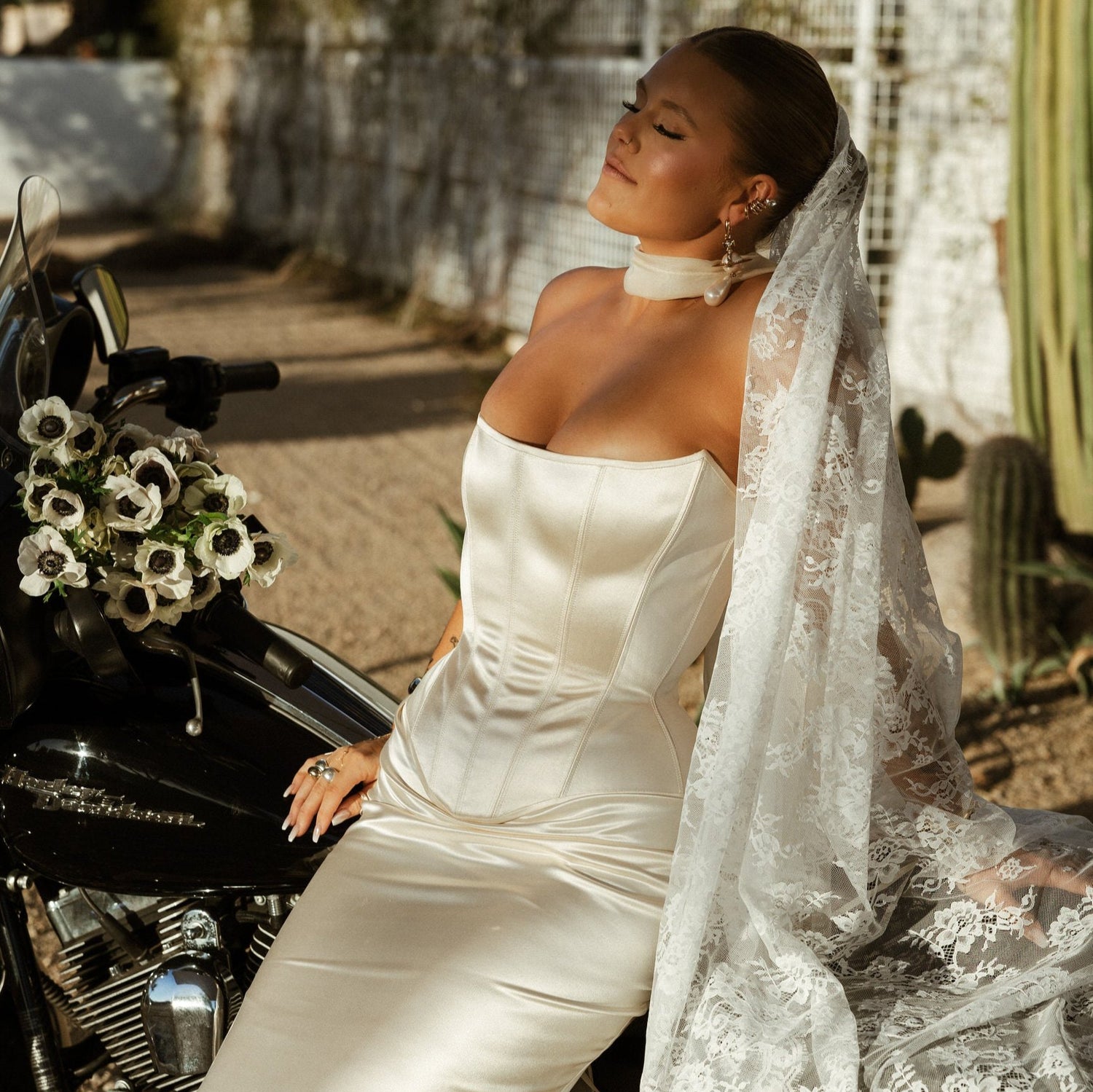 narrow bridal scarf and lace mantilla veil
