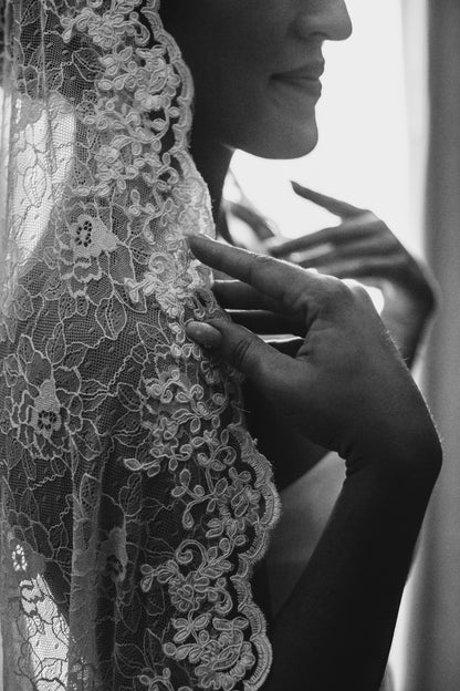 Romantic Floral Lace Mantilla Wedding Veil, Fingertip Length in Light Ivory