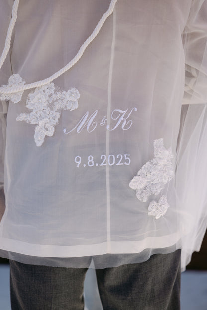 White lace filipino unity veil with embroidered initials and date