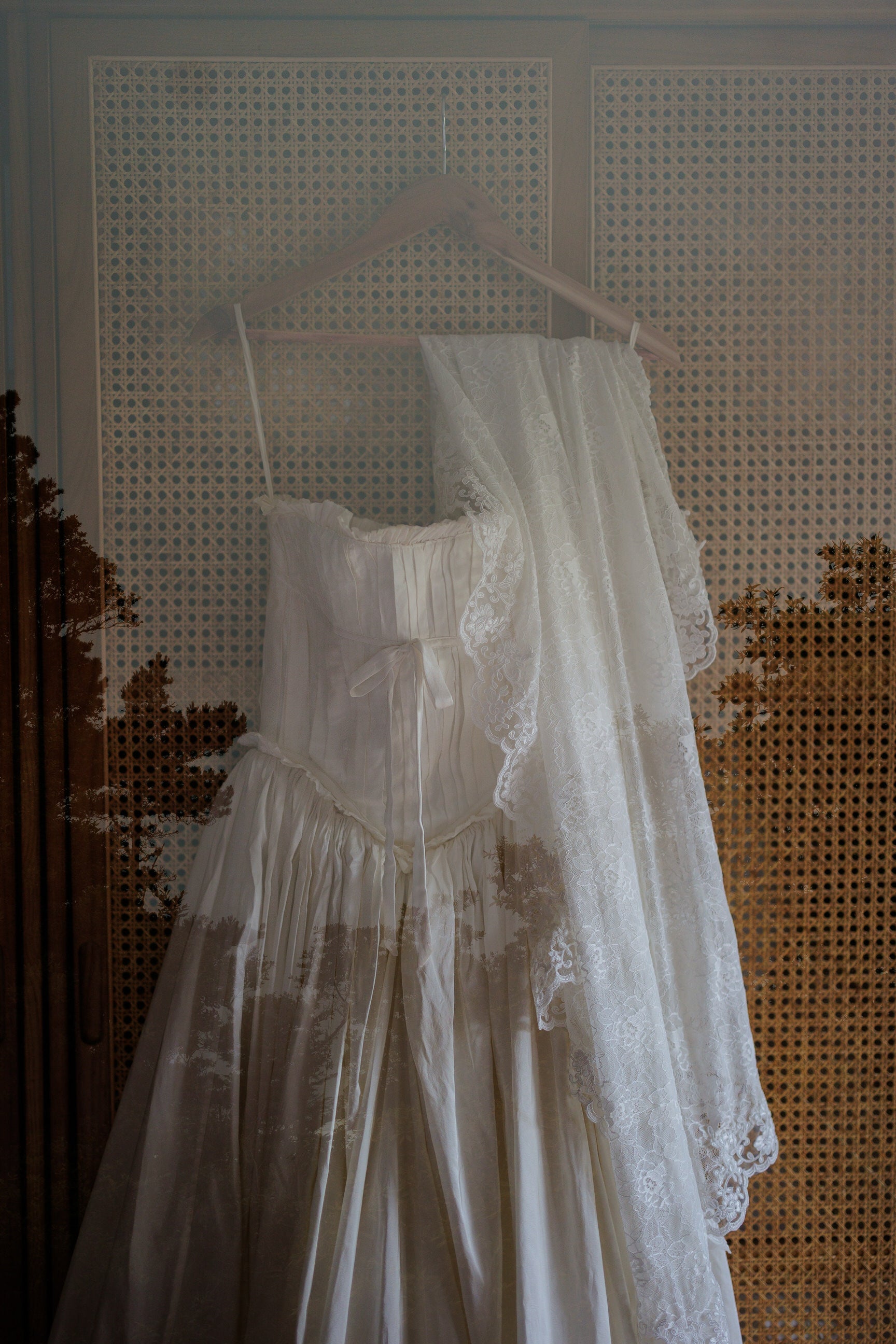 corset bridal gown and lace redesigned bridal veil in vintage lace up cycled from vintage fabrics