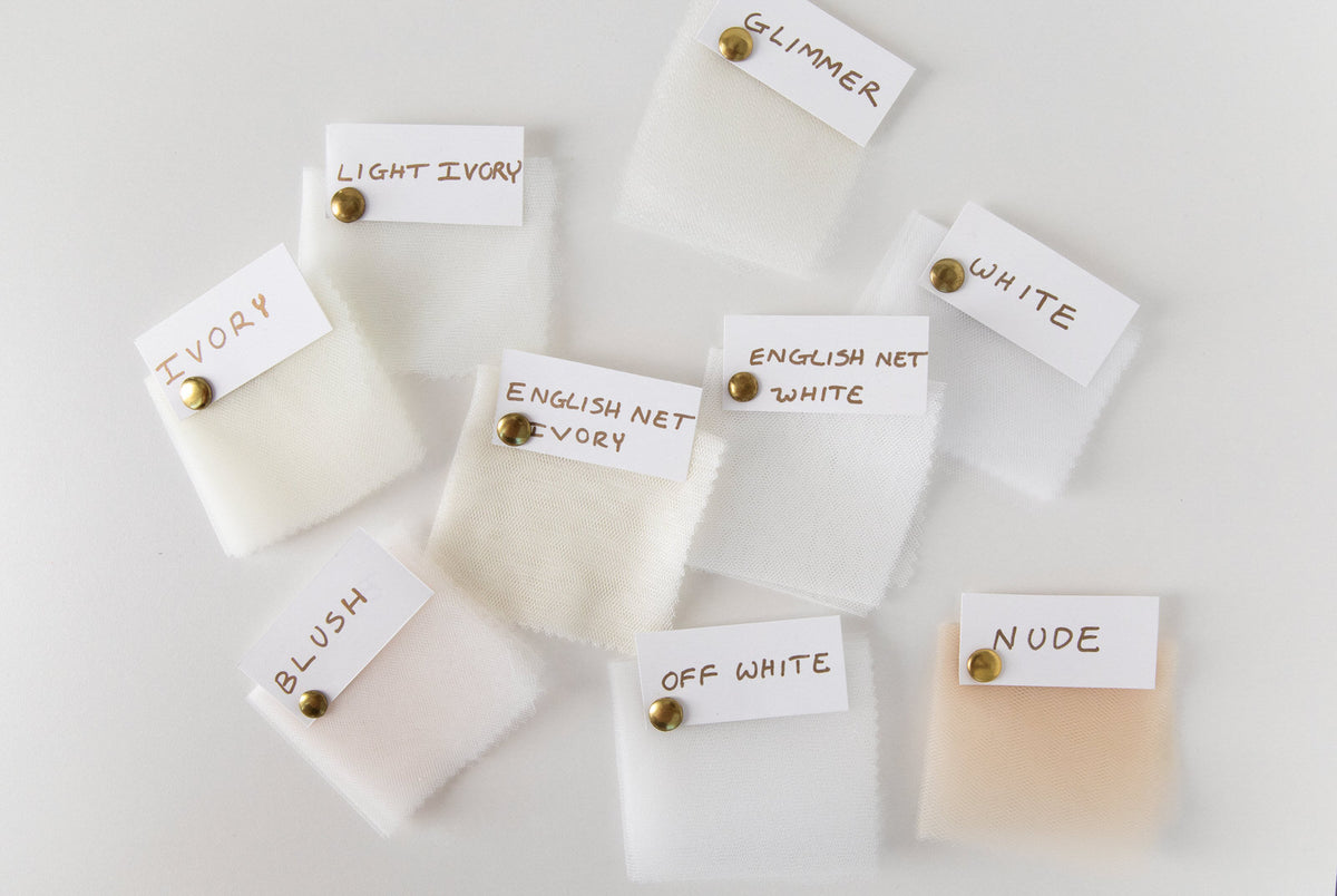 white ivory tulle and English net wedding veil samples