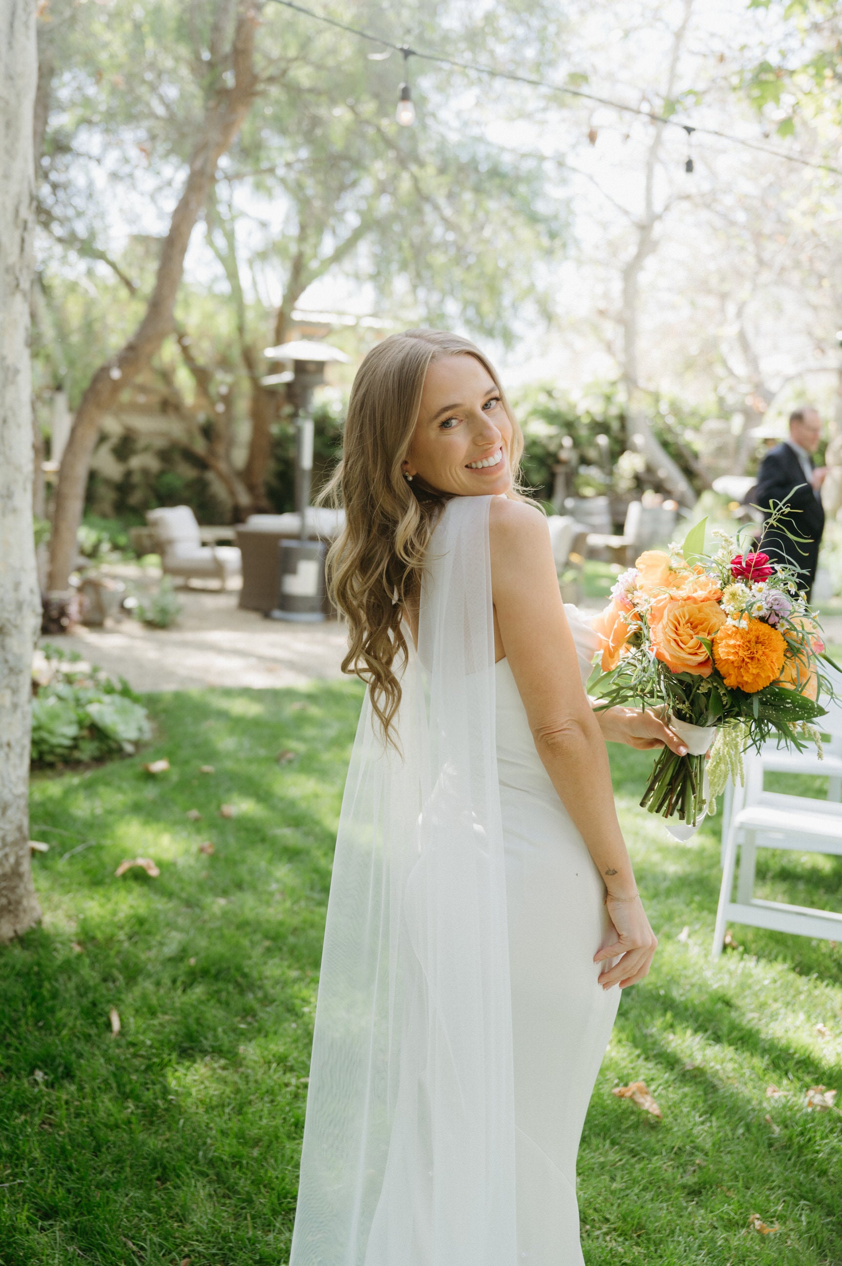 whimsical tulle long wedding veil scarf veil for bride wearing curled natural hair down