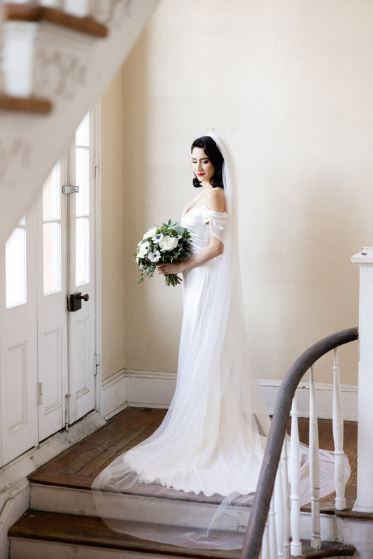 soft English net cathedral length wedding veil with old Hollywood draped off shoulder gown